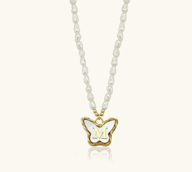 Butterfly Initial Pendant with Freshwater Pearls Beaded Necklace, 18K Gold-Plated Sterling Silver