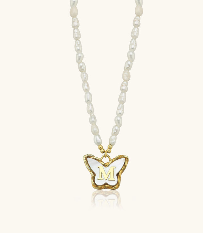 Butterfly Initial Pendant with Freshwater Pearls Beaded Necklace, 18K Gold-Plated Sterling Silver