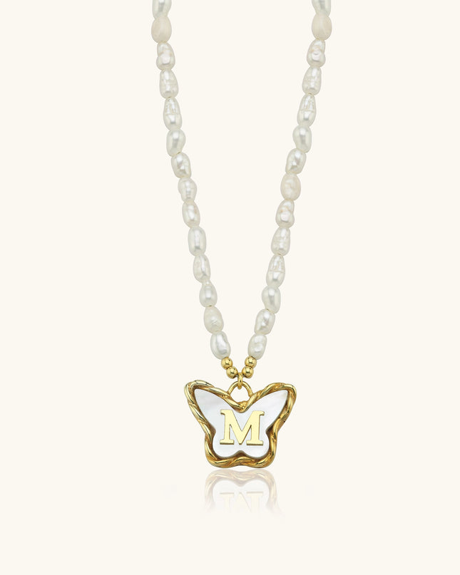 Butterfly Initial Pendant with Freshwater Pearls Beaded Necklace, 18K Gold-Plated Sterling Silver Dabas Minimalist