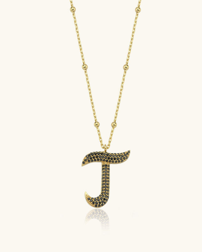 Gold Initial Necklace with Black Stones - Personalized 18K Gold-Plated Pendant Dabas Minimalist