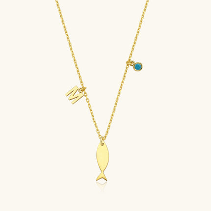 Fish and Initial Necklace, 18K Gold-Plated Sterling Silver Customizable Charm Necklace for Women Dabas Minimalist