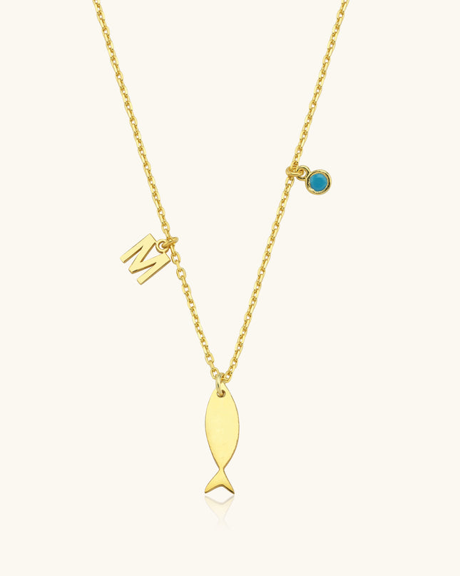 Fish and Initial Necklace, 18K Gold-Plated Sterling Silver Customizable Charm Necklace for Women Dabas Minimalist