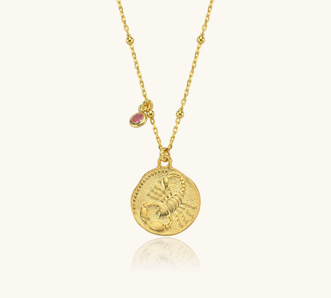 Zodiac Astrology Necklace with Birthstone, 18k Gold-Plated Personalized Celestial Jewelry