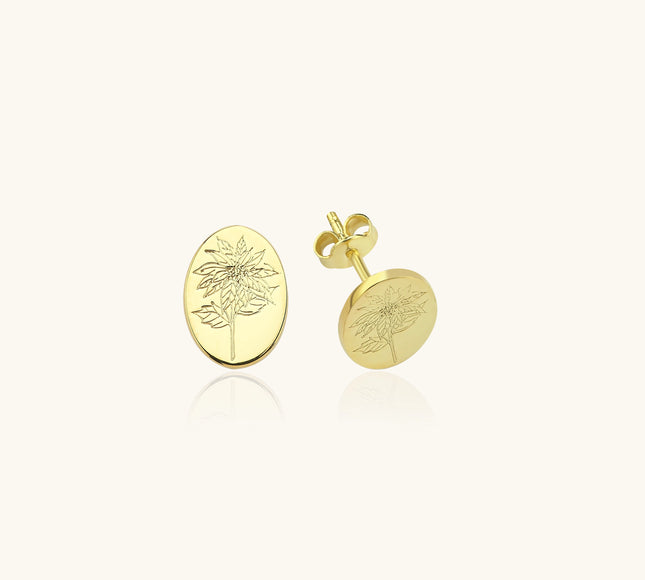 Tiny Vertical Oval Birth Flower Stud Earrings