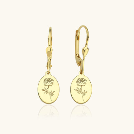 Tiny Vertical Oval Birth Flower Dangle Earrings