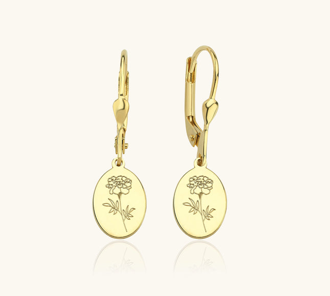 Tiny Vertical Oval Birth Flower Dangle Earrings