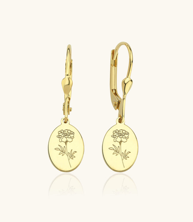 Tiny Vertical Oval Birth Flower Dangle Earrings