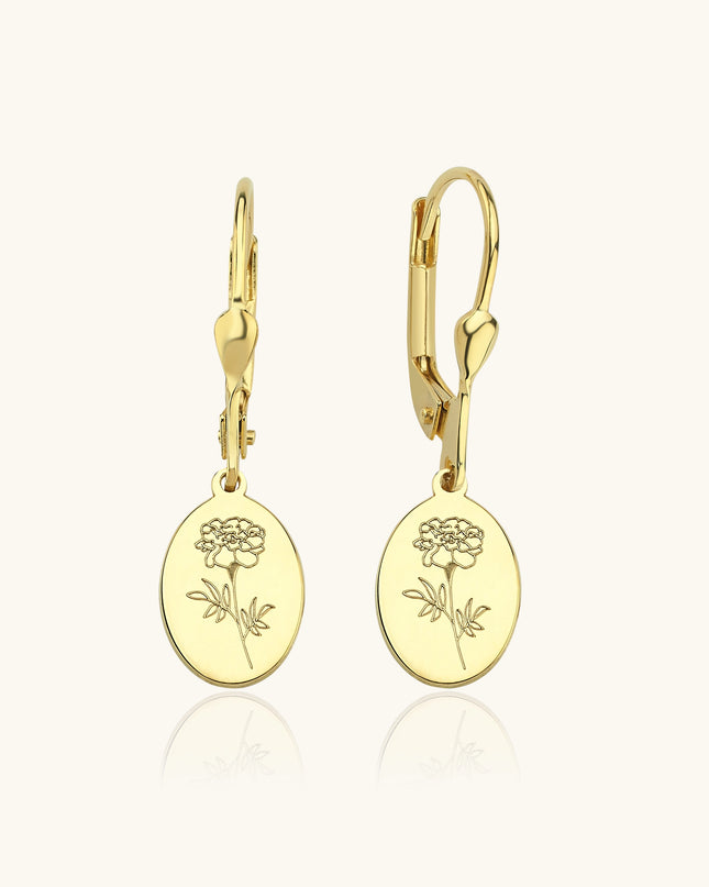 Birth Flower Drop Earrings – 18K Gold-Plated Sterling Silver Floral Engraved Earrings Dabas Minimalist