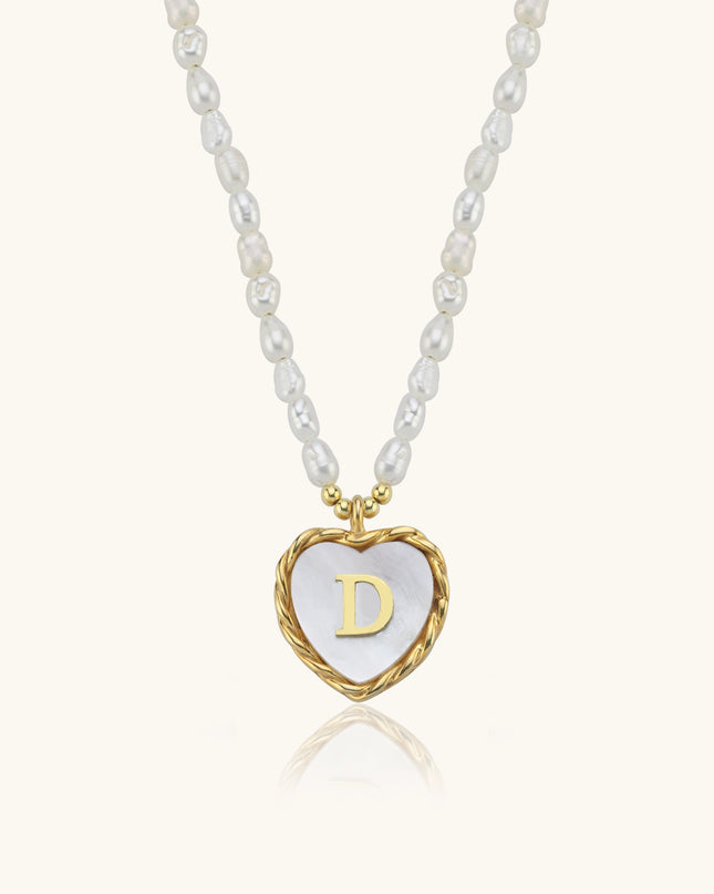 Mother of Pearl Heart Pendant Initial Necklace with Pearl Beaded, 18K Gold-Plated Sterling Silver Dabas Minimalist