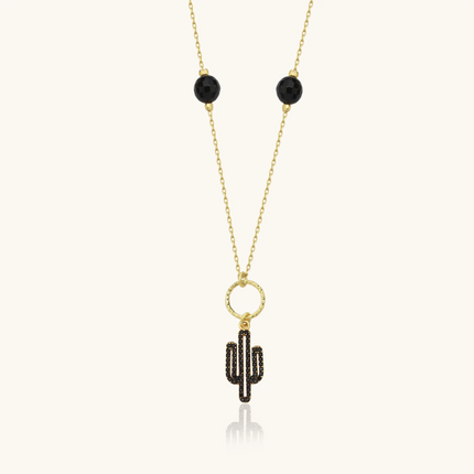 Dainty Cactus Necklace – 18K Gold-Plated Sterling Silver with Black Bead Accents Dabas Minimalist