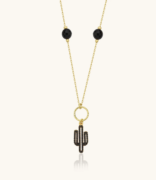 Dainty Cactus Necklace – 18K Gold-Plated Sterling Silver with Black Bead Accents Dabas Minimalist