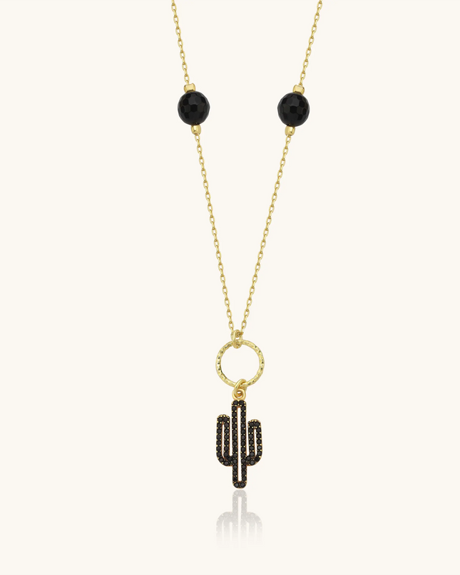 Dainty Cactus Necklace – 18K Gold-Plated Sterling Silver with Black Bead Accents Dabas Minimalist