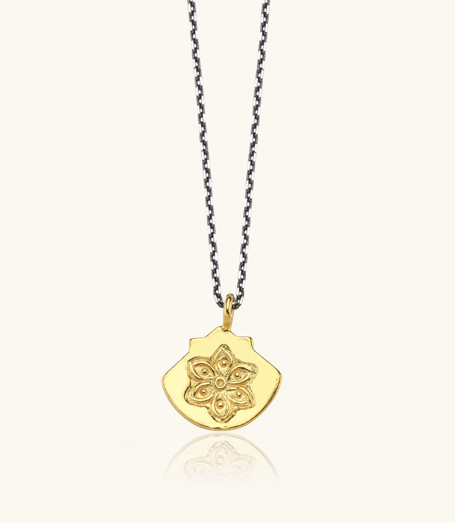 Ancient Mandala Lotus Flower Pendant Necklace, 18K Gold-Plated Oxidized Sterling Silver - Dabas Minimalist