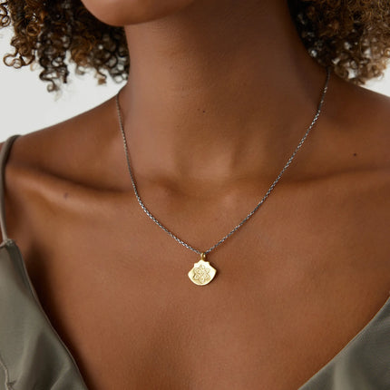 Ancient Mandala Lotus Flower Pendant Necklace, 18K Gold-Plated Oxidized Sterling Silver - Dabas Minimalist
