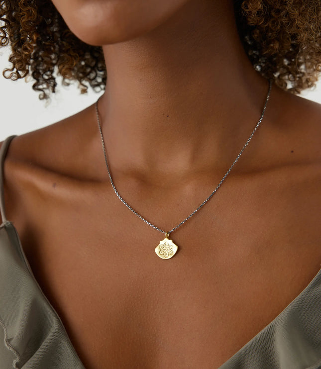 Ancient Mandala Lotus Flower Pendant Necklace, 18K Gold-Plated Oxidized Sterling Silver - Dabas Minimalist