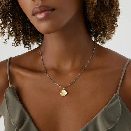 Ancient Mandala Lotus Flower Pendant Necklace, 18K Gold-Plated Oxidized Sterling Silver - Dabas Minimalist