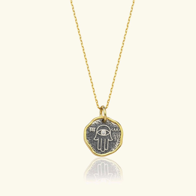 Hamsa Hand Coin Necklace – 18K Gold-Plated Sterling Silver with Black Chain - Dabas Minimalist