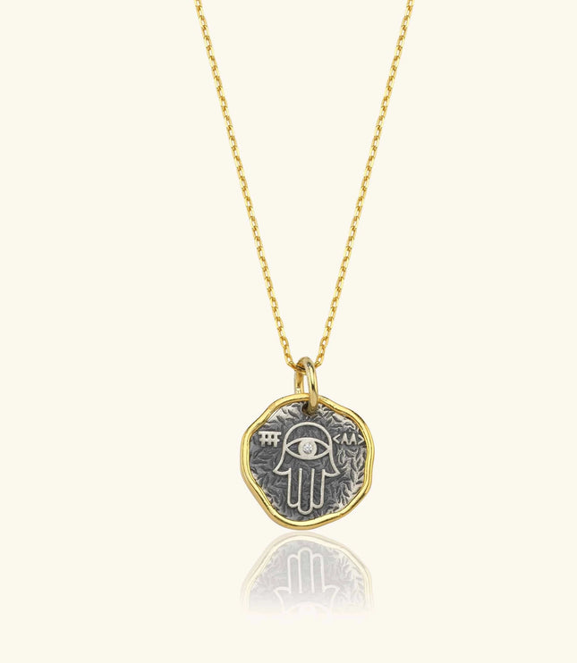 Hamsa Hand Coin Necklace – 18K Gold-Plated Sterling Silver with Black Chain - Dabas Minimalist