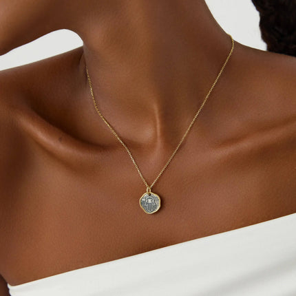 Hamsa Hand Coin Necklace – 18K Gold-Plated Sterling Silver with Black Chain - Dabas Minimalist