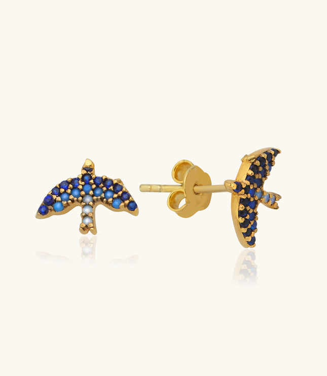Dove Bird Stud Earrings with CZ Colorful Stones, 18K Gold-Plated Sterling Silver - Dabas Minimalist