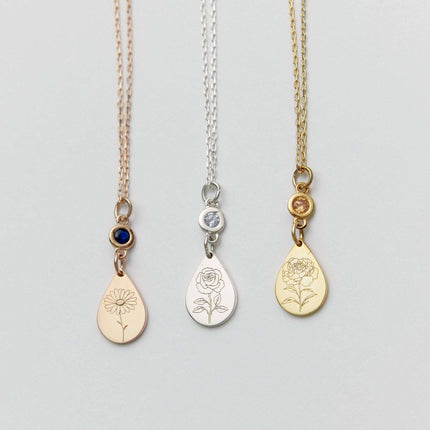 Birth Flower Teardrop Necklace – 18K Gold-Plated Sterling Silver - Dabas Minimalist
