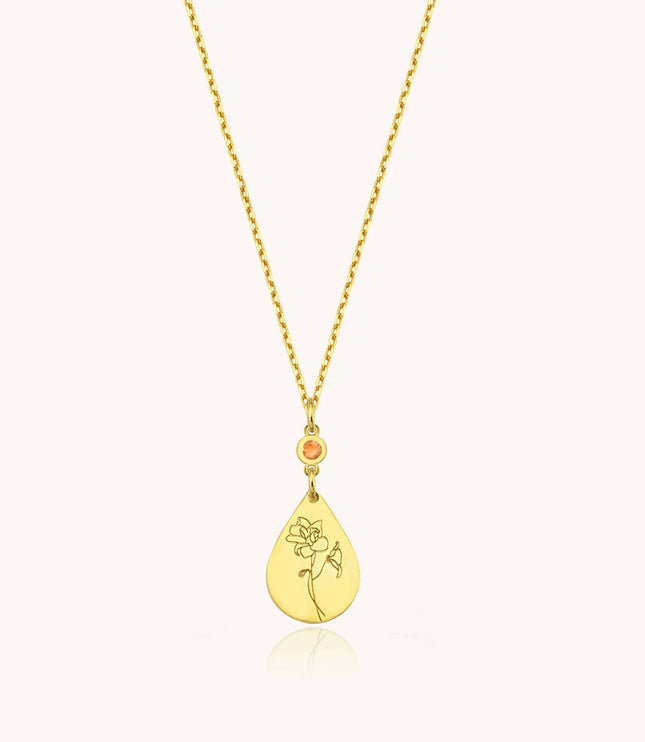 Birth Flower Teardrop Necklace – 18K Gold-Plated Sterling Silver - Dabas Minimalist