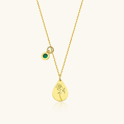 Tiny Drop Birth Flower Pendant Birthstone Necklace - Manken yok-video yok Dabas Minimalist
