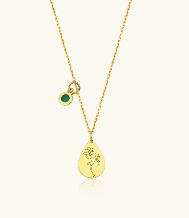 Tiny Drop Birth Flower Pendant Birthstone Necklace - Manken yok-video yok Dabas Minimalist