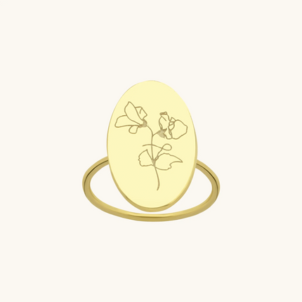 Custom Oval Birth Flower Signet Ring - Dabas Minimalist