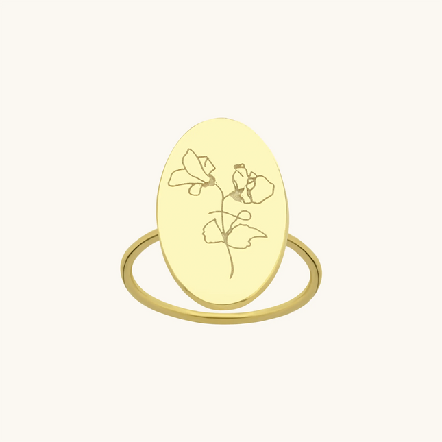 Custom Oval Birth Flower Signet Ring - Dabas Minimalist
