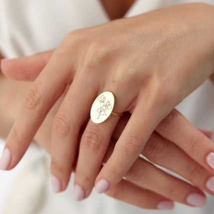 Custom Oval Birth Flower Signet Ring - Dabas Minimalist