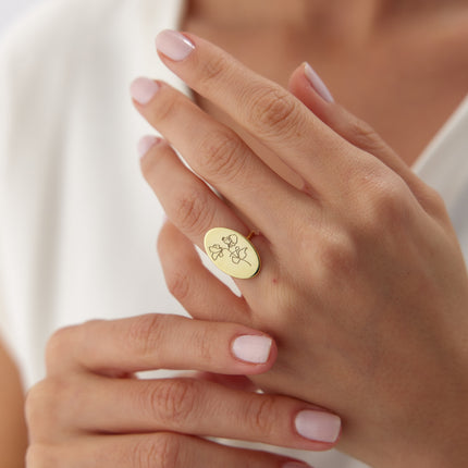 Custom Oval Birth Flower Signet Ring - Dabas Minimalist