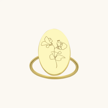 Custom Oval Birth Flower Signet Ring - Dabas Minimalist