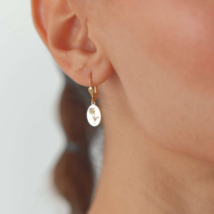 Birth Flower Drop Earrings – 18K Gold-Plated Sterling Silver Floral Engraved Earrings - Dabas Minimalist