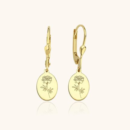 Birth Flower Drop Earrings – 18K Gold-Plated Sterling Silver Floral Engraved Earrings - Dabas Minimalist
