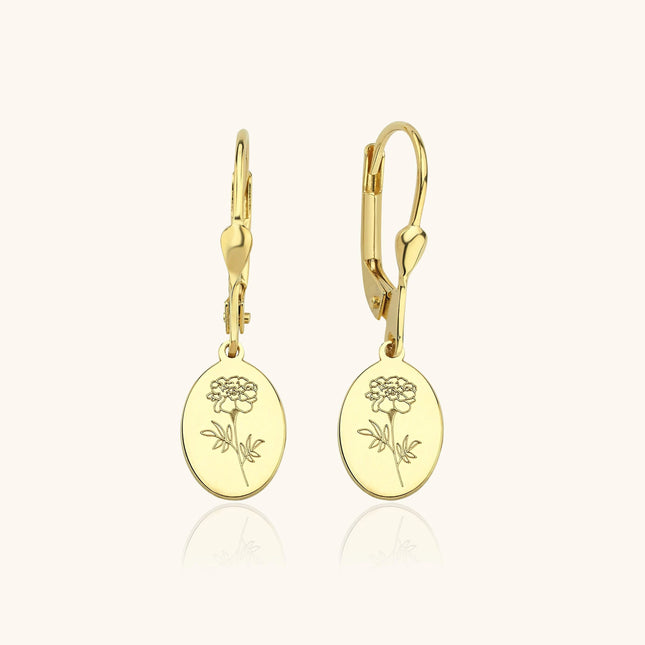 Birth Flower Drop Earrings – 18K Gold-Plated Sterling Silver Floral Engraved Earrings - Dabas Minimalist