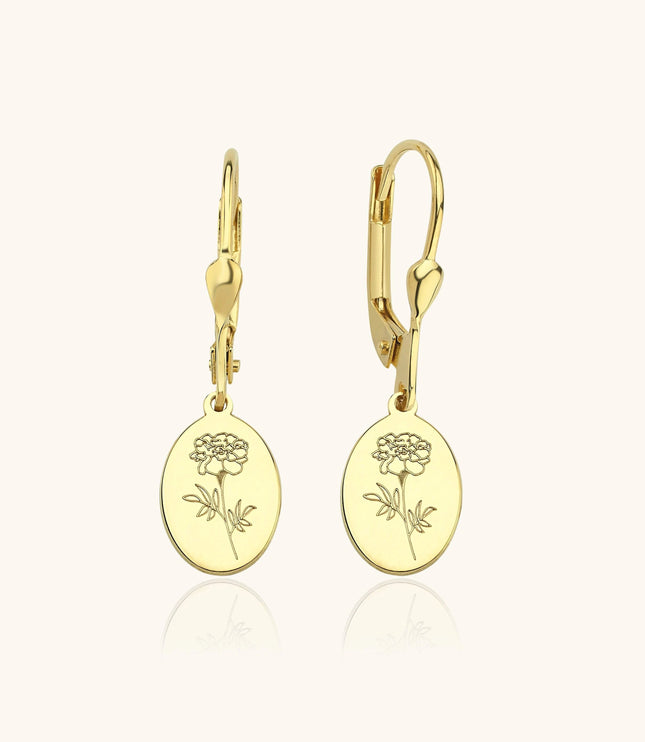Birth Flower Drop Earrings – 18K Gold-Plated Sterling Silver Floral Engraved Earrings - Dabas Minimalist