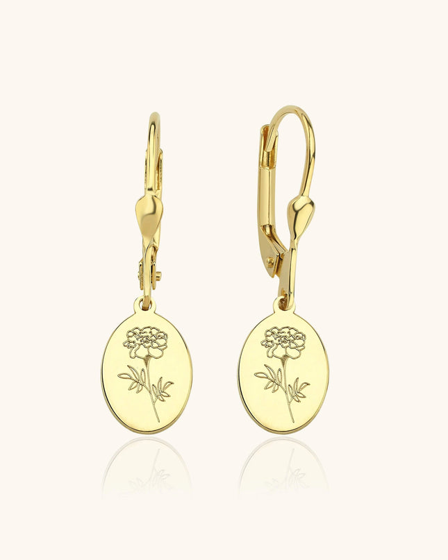 Birth Flower Drop Earrings – 18K Gold-Plated Sterling Silver Floral Engraved Earrings - Dabas Minimalist