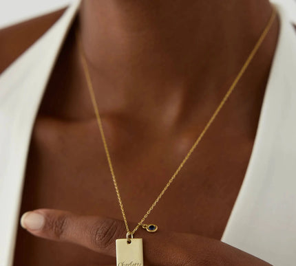 Engraved Birthstone Name Necklace, 18K Gold-Plate Sterling Silver, Initial Letter Square Necklace - Dabas Minimalist