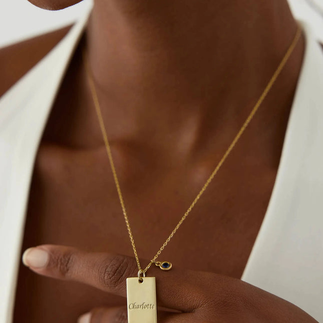 Engraved Birthstone Name Necklace, 18K Gold-Plate Sterling Silver, Initial Letter Square Necklace - Dabas Minimalist