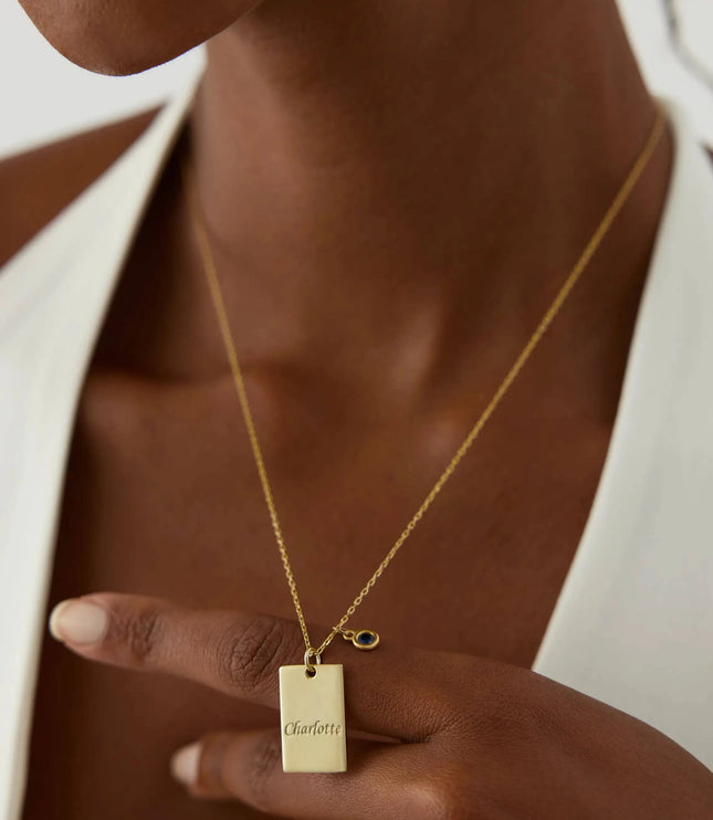 Engraved Birthstone Name Necklace, 18K Gold-Plate Sterling Silver, Initial Letter Square Necklace - Dabas Minimalist