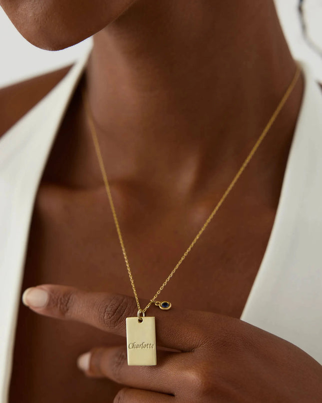 Engraved Birthstone Name Necklace, 18K Gold-Plate Sterling Silver, Initial Letter Square Necklace - Dabas Minimalist