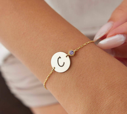 Personalized Initial Letter Coin Birthstone Charm Bracelet Dabas Minimalist