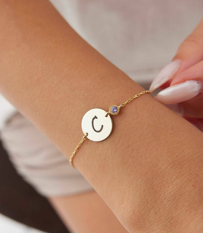 Personalized Initial Letter Coin Birthstone Charm Bracelet Dabas Minimalist