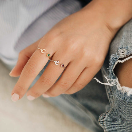 Initial and Gemstone Ring – 18K Gold-Plated Sterling Silver Personalized Ring - Dabas Minimalist