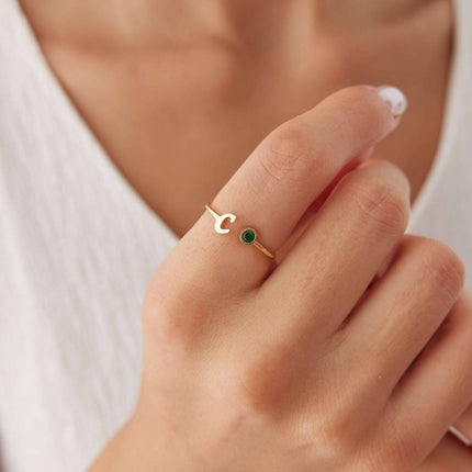 Initial and Gemstone Ring – 18K Gold-Plated Sterling Silver Personalized Ring - Dabas Minimalist