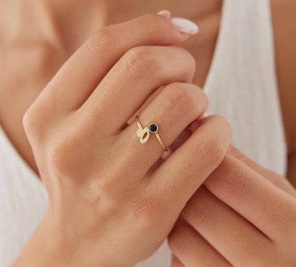 Initial and Gemstone Ring – 18K Gold-Plated Sterling Silver Personalized Ring - Dabas Minimalist