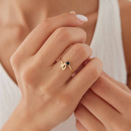 Initial and Gemstone Ring – 18K Gold-Plated Sterling Silver Personalized Ring - Dabas Minimalist