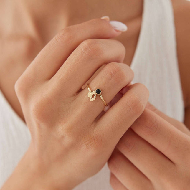 Initial and Gemstone Ring – 18K Gold-Plated Sterling Silver Personalized Ring - Dabas Minimalist