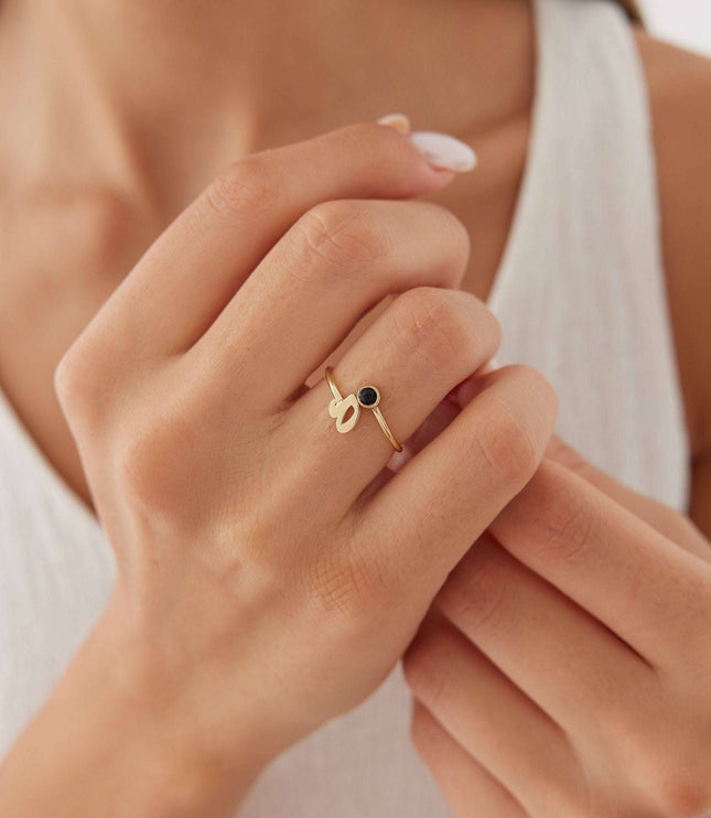 Initial and Gemstone Ring – 18K Gold-Plated Sterling Silver Personalized Ring - Dabas Minimalist